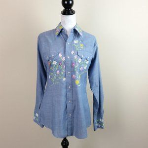 Vtg Hand Painted Long Sleeve Chambray Shirt XL